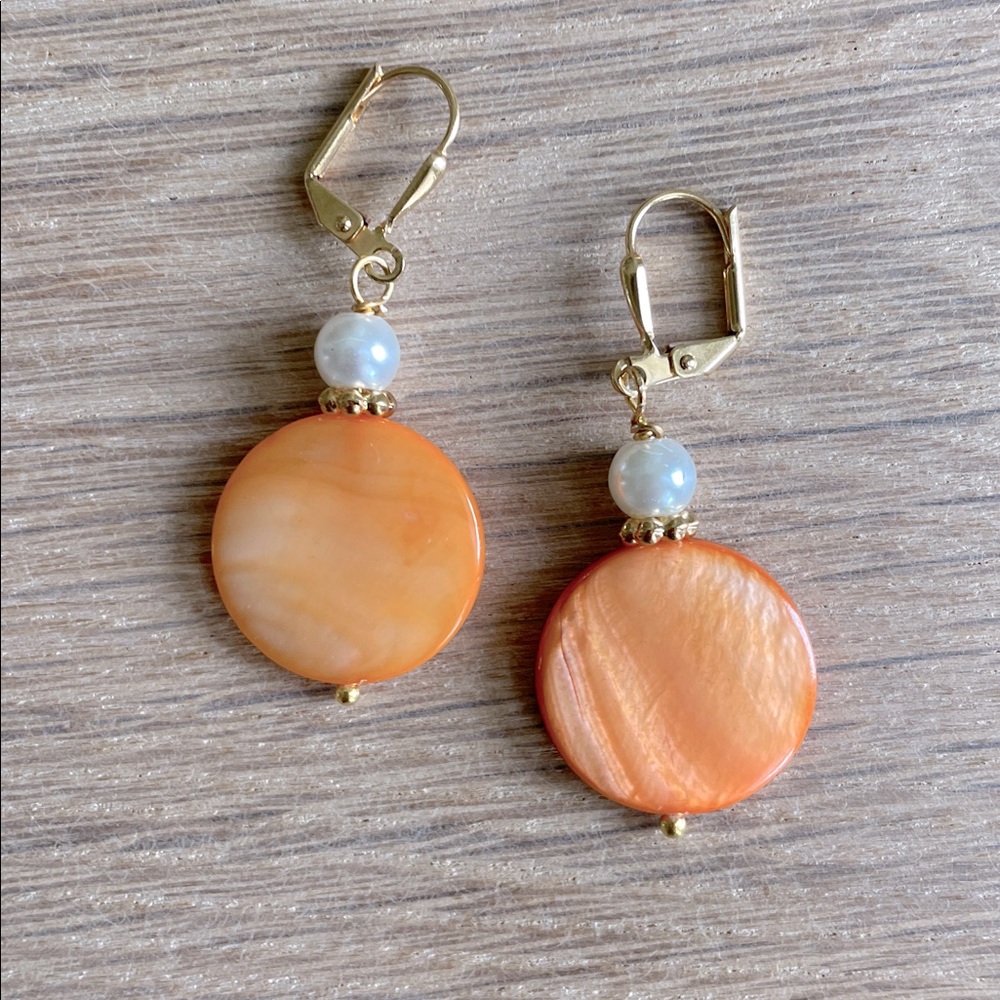 HAND CRAFTED PIERCED EARRINGS White Faux Pearls Orange Mother of Pearl Bon Bon
